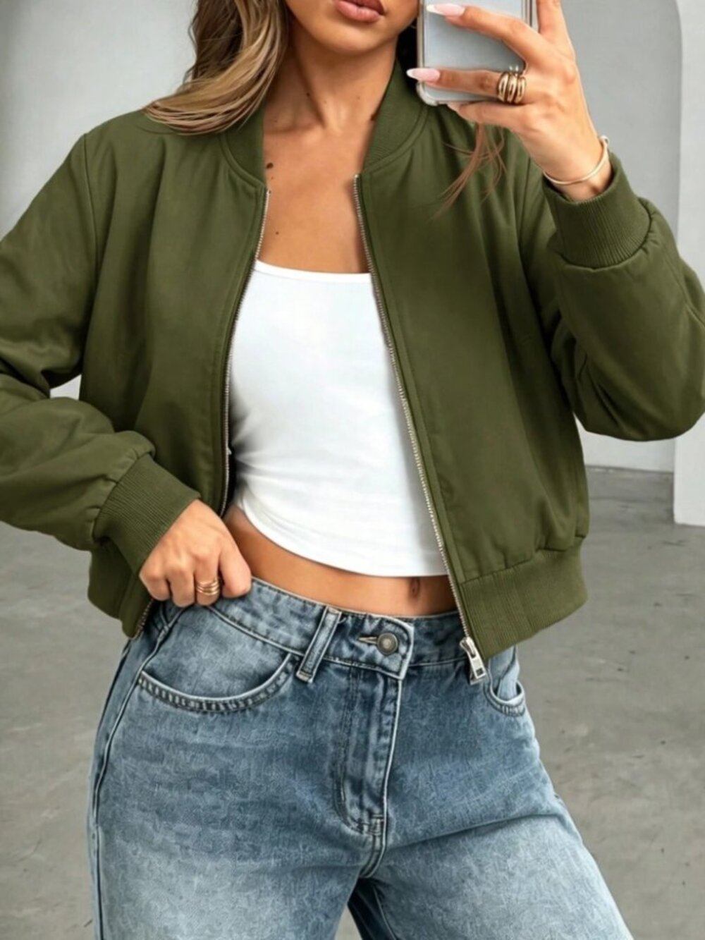 Olive Green Bomber Jacket with Ribbed Baseball Collar